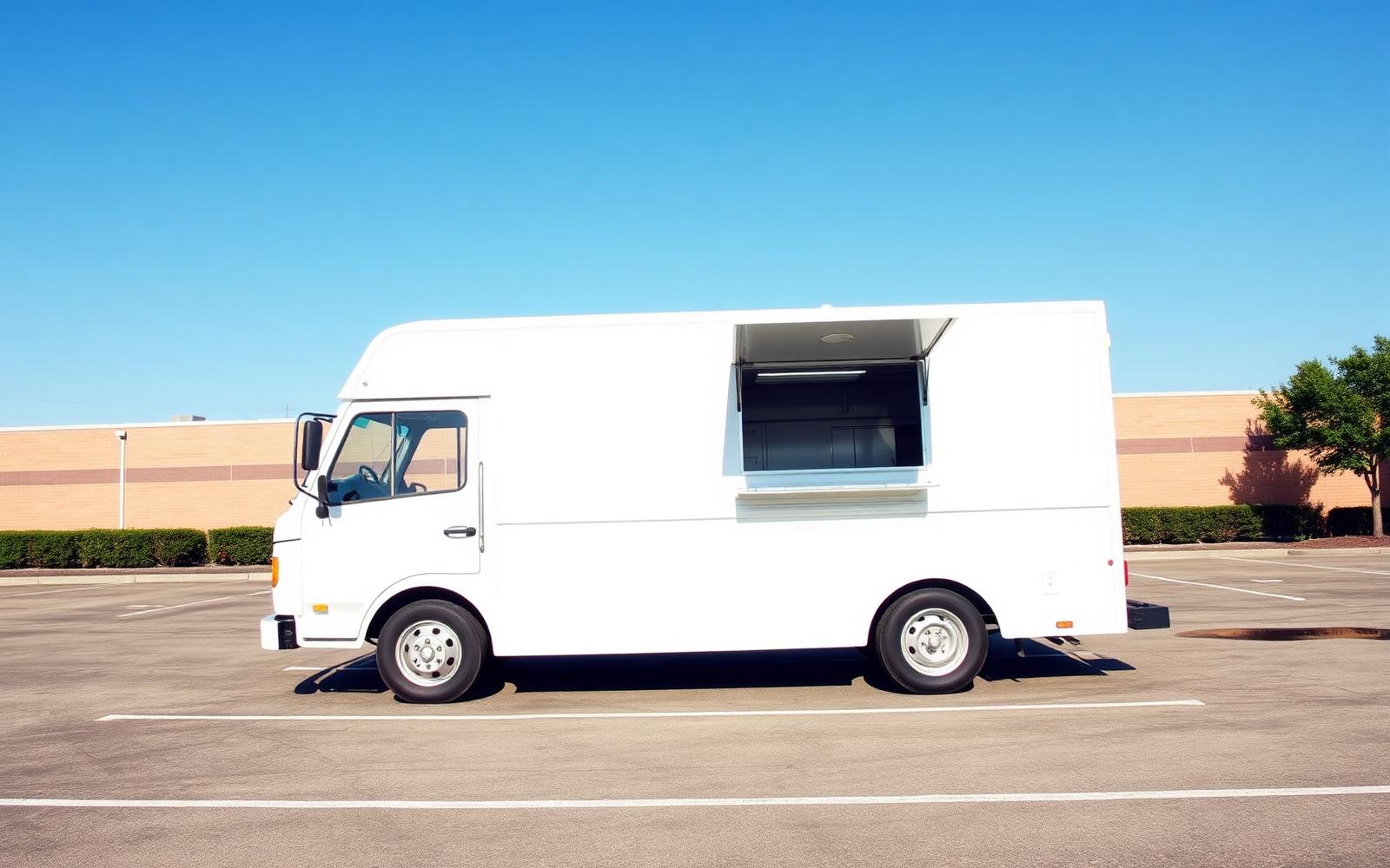 White food truck with open serving hatch, ready for rental